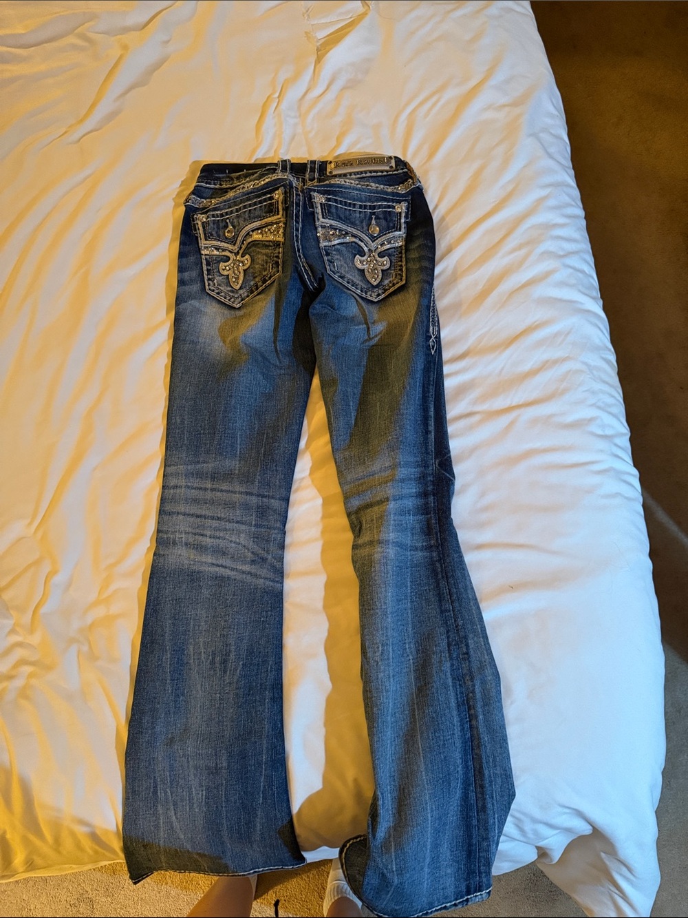 Rock Revival Distressed Embellished Back Pocket Flare Jeans - Blue